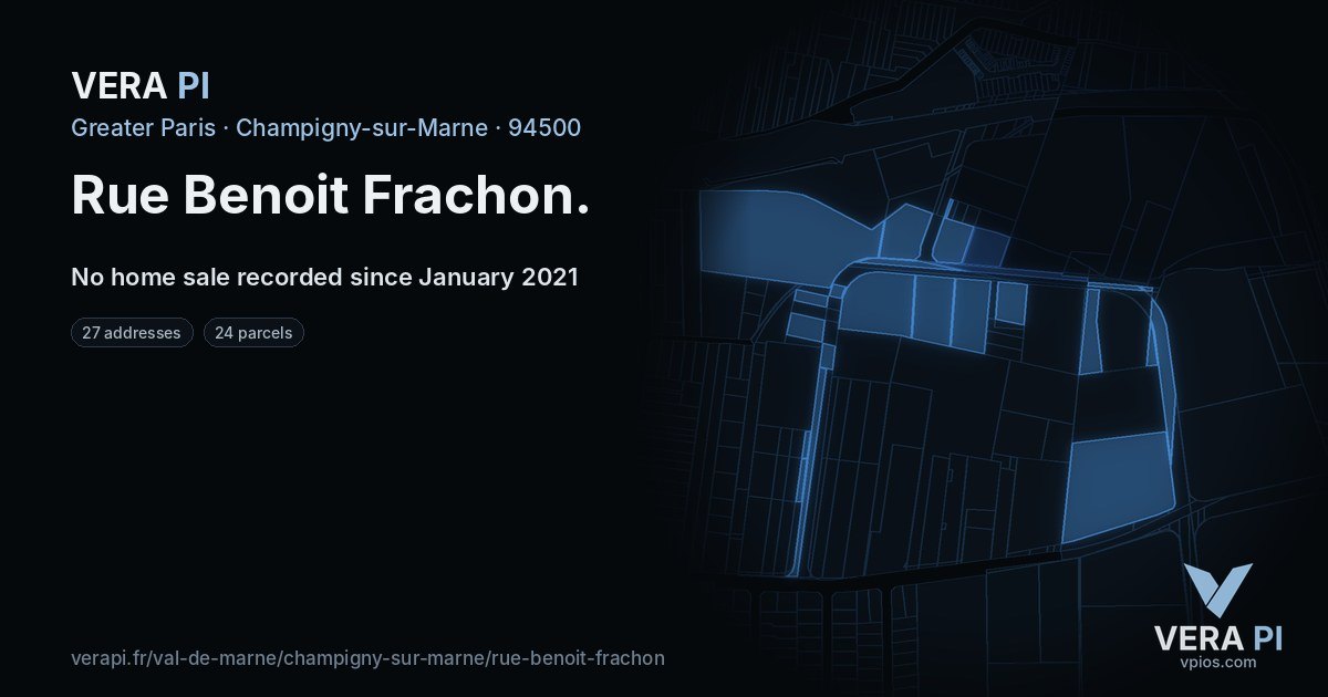 Rue Benoit Frachon, Champigny-sur-Marne at night – every parcel coloured by the prices around it, the street's own parcels lit