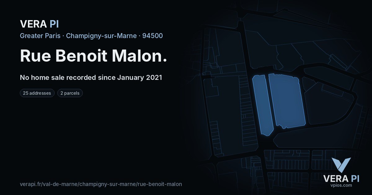 Rue Benoit Malon, Champigny-sur-Marne at night – every parcel coloured by the prices around it, the street's own parcels lit