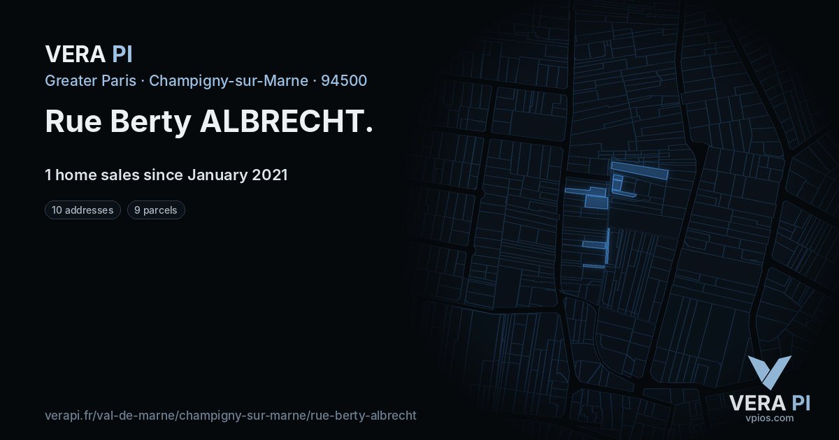 Rue Berty ALBRECHT, Champigny-sur-Marne at night – every parcel coloured by the prices around it, the street's own parcels lit