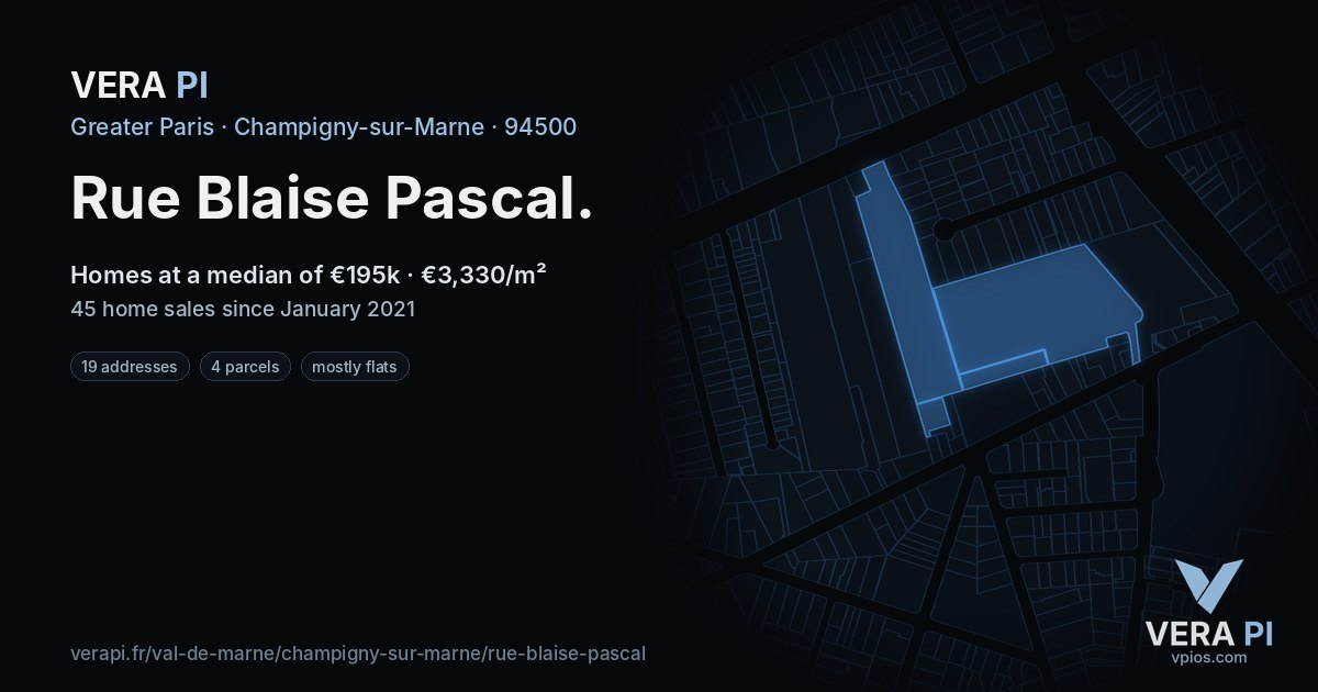 Rue Blaise Pascal, Champigny-sur-Marne at night – every parcel coloured by the prices around it, the street's own parcels lit