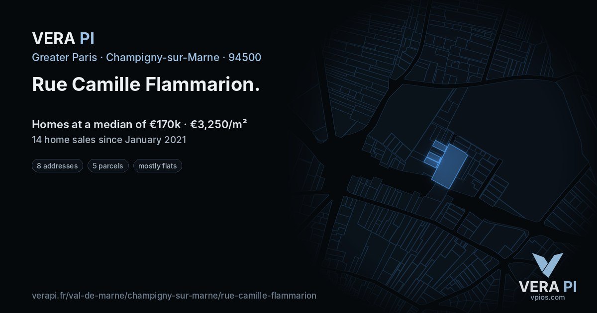 Rue Camille Flammarion, Champigny-sur-Marne at night – every parcel coloured by the prices around it, the street's own parcels lit