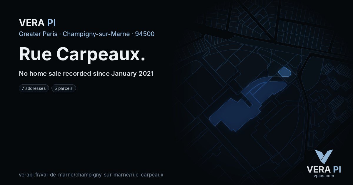 Rue Carpeaux, Champigny-sur-Marne at night – every parcel coloured by the prices around it, the street's own parcels lit