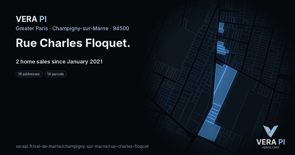 Rue Charles Floquet, Champigny-sur-Marne at night – every parcel coloured by the prices around it, the street's own parcels lit