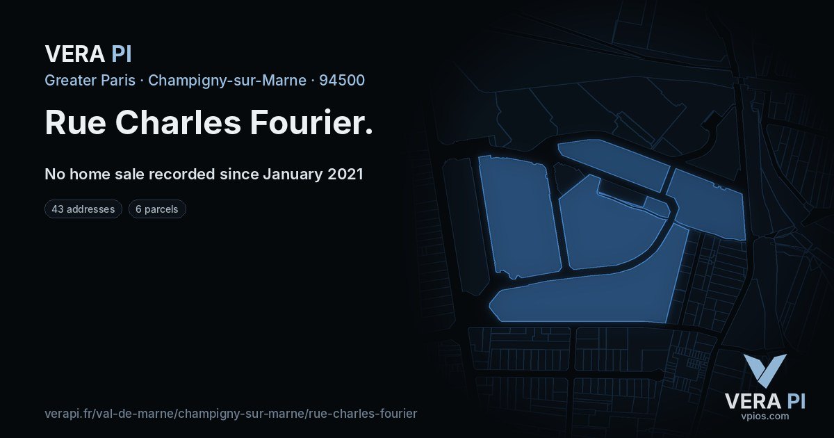 Rue Charles Fourier, Champigny-sur-Marne at night – every parcel coloured by the prices around it, the street's own parcels lit