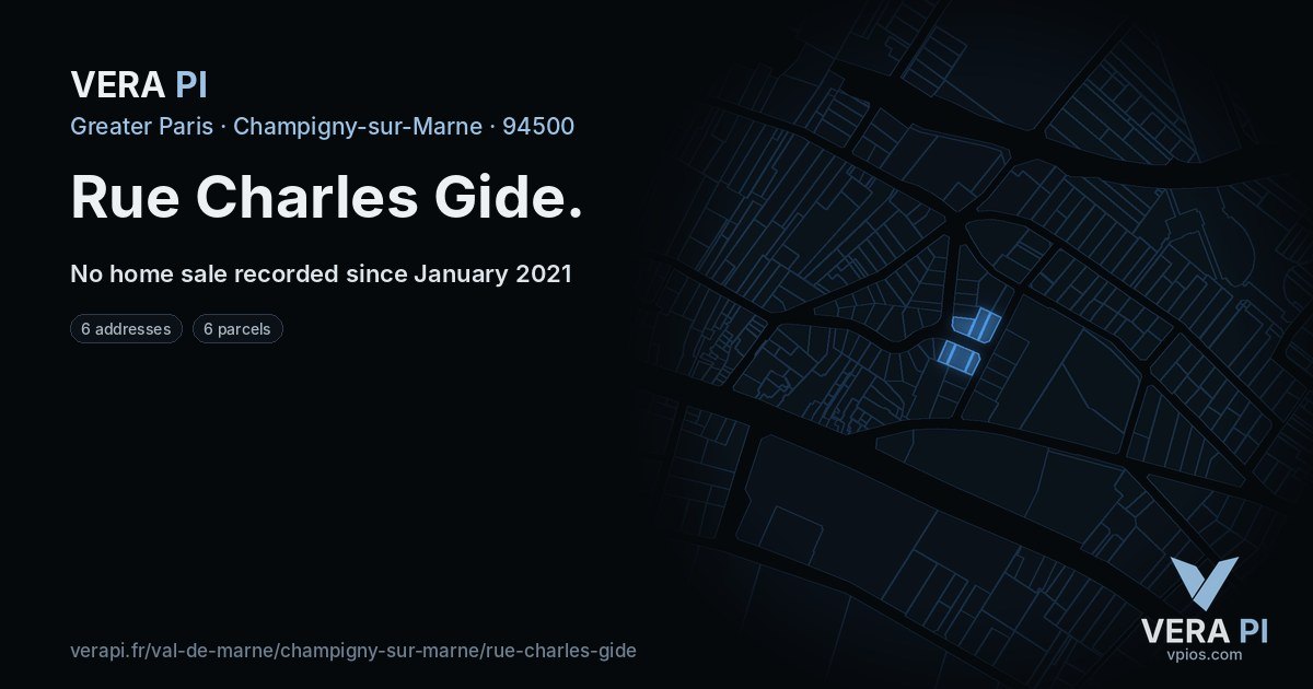 Rue Charles Gide, Champigny-sur-Marne at night – every parcel coloured by the prices around it, the street's own parcels lit