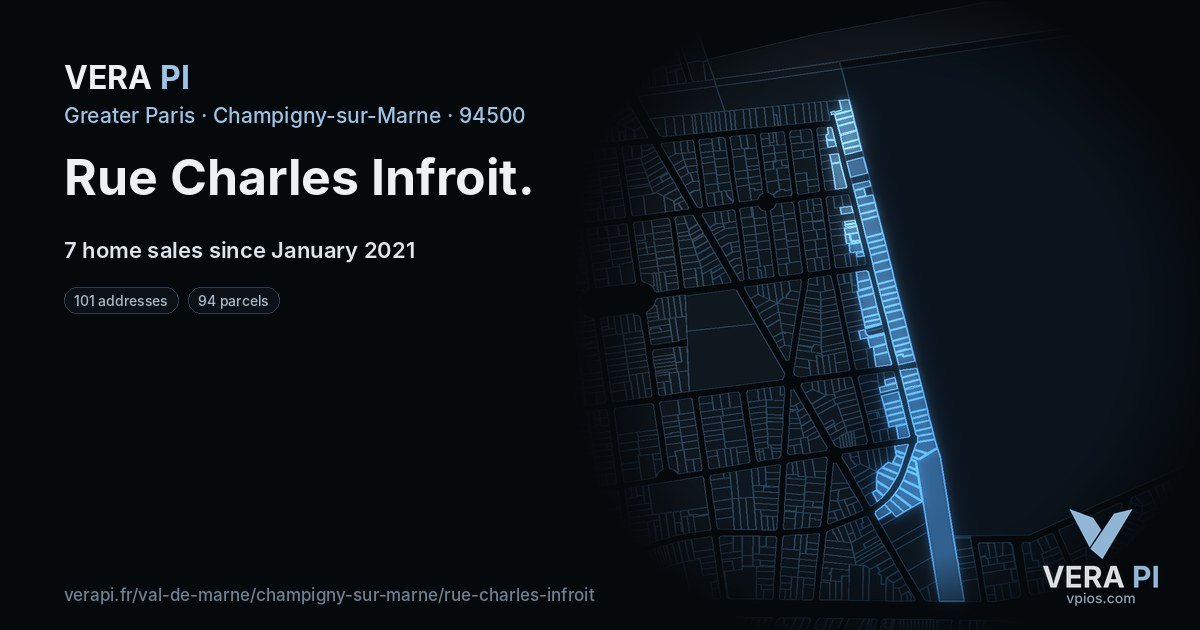 Rue Charles Infroit, Champigny-sur-Marne at night – every parcel coloured by the prices around it, the street's own parcels lit