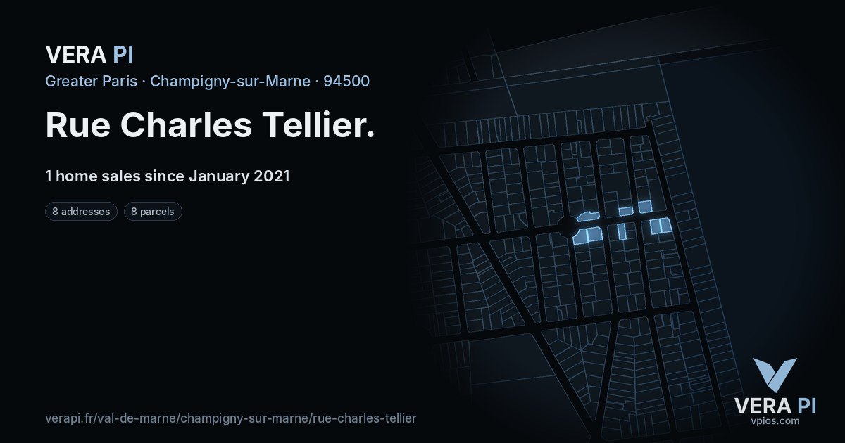 Rue Charles Tellier, Champigny-sur-Marne at night – every parcel coloured by the prices around it, the street's own parcels lit