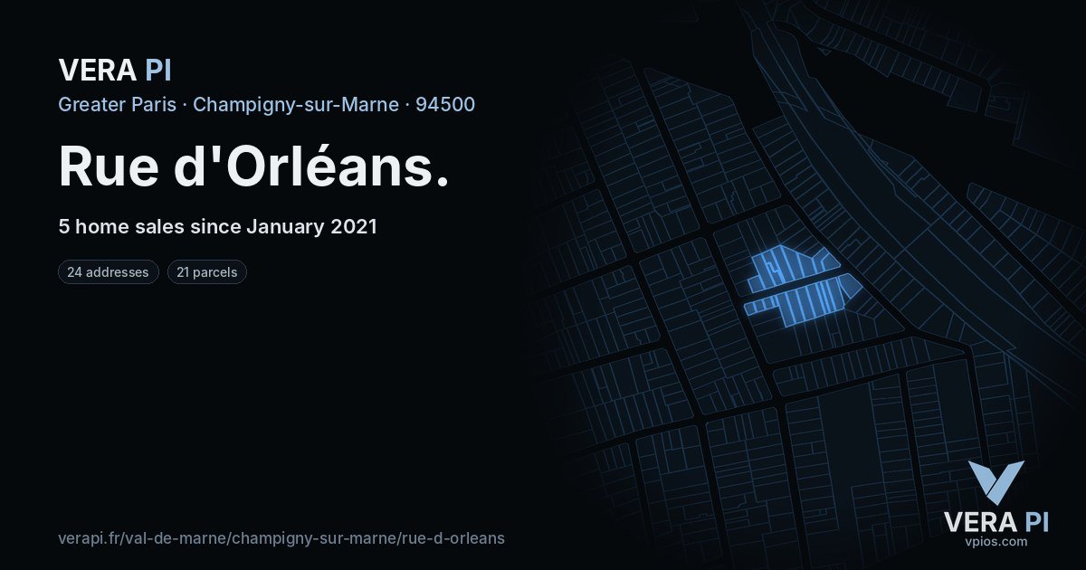 Rue d'Orléans, Champigny-sur-Marne at night – every parcel coloured by the prices around it, the street's own parcels lit