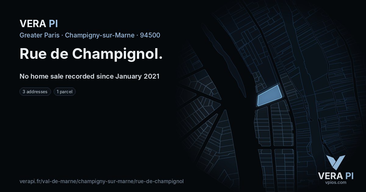 Rue de Champignol, Champigny-sur-Marne at night – every parcel coloured by the prices around it, the street's own parcels lit