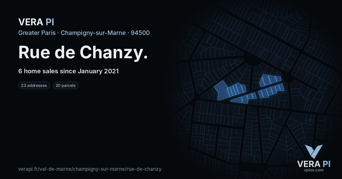 Rue de Chanzy, Champigny-sur-Marne at night – every parcel coloured by the prices around it, the street's own parcels lit