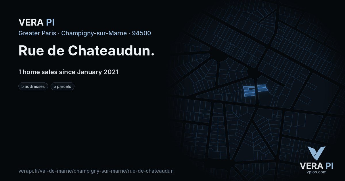 Rue de Chateaudun, Champigny-sur-Marne at night – every parcel coloured by the prices around it, the street's own parcels lit