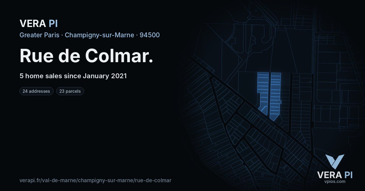 Rue de Colmar, Champigny-sur-Marne at night – every parcel coloured by the prices around it, the street's own parcels lit