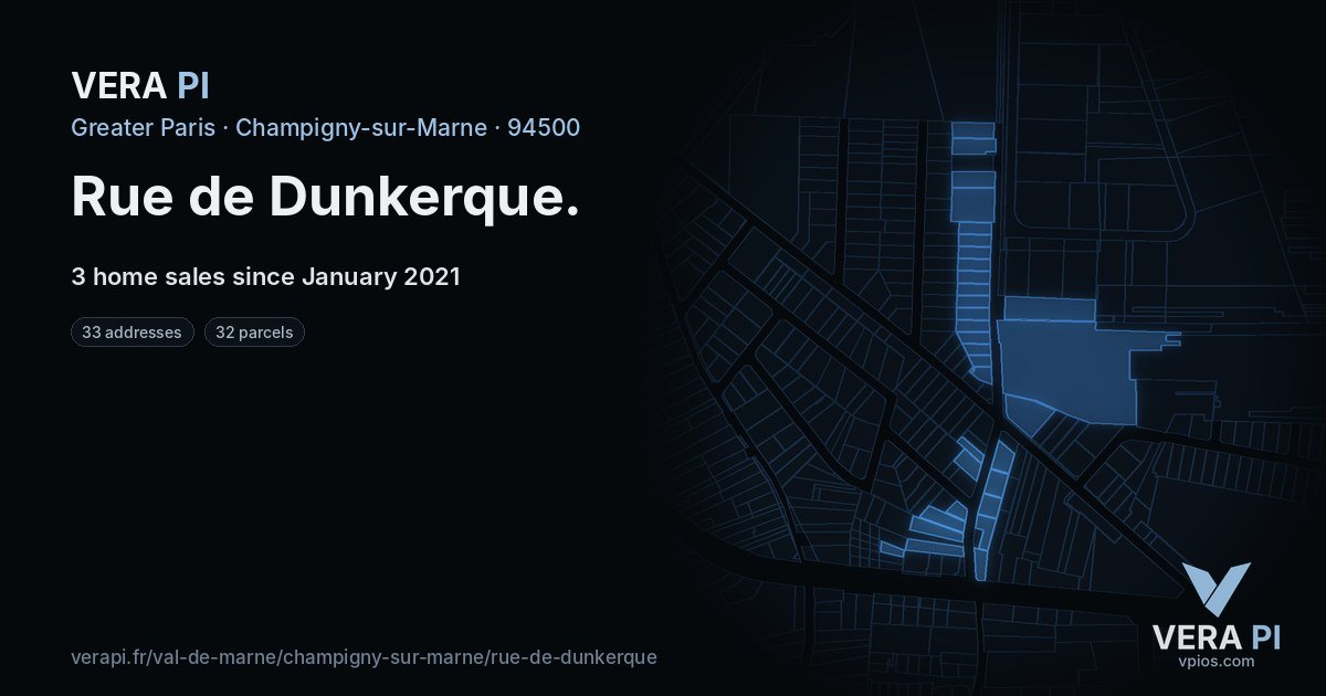 Rue de Dunkerque, Champigny-sur-Marne at night – every parcel coloured by the prices around it, the street's own parcels lit