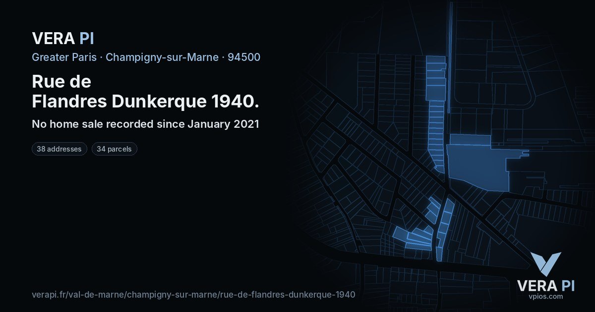 Rue de Flandres Dunkerque 1940, Champigny-sur-Marne at night – every parcel coloured by the prices around it, the street's own parcels lit