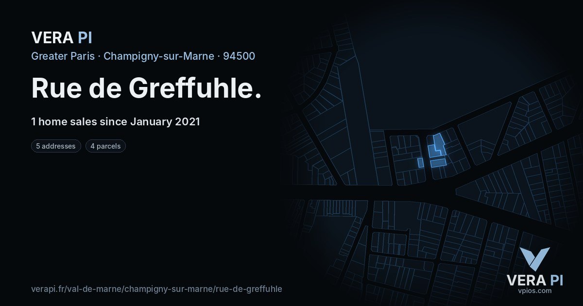 Rue de Greffuhle, Champigny-sur-Marne at night – every parcel coloured by the prices around it, the street's own parcels lit