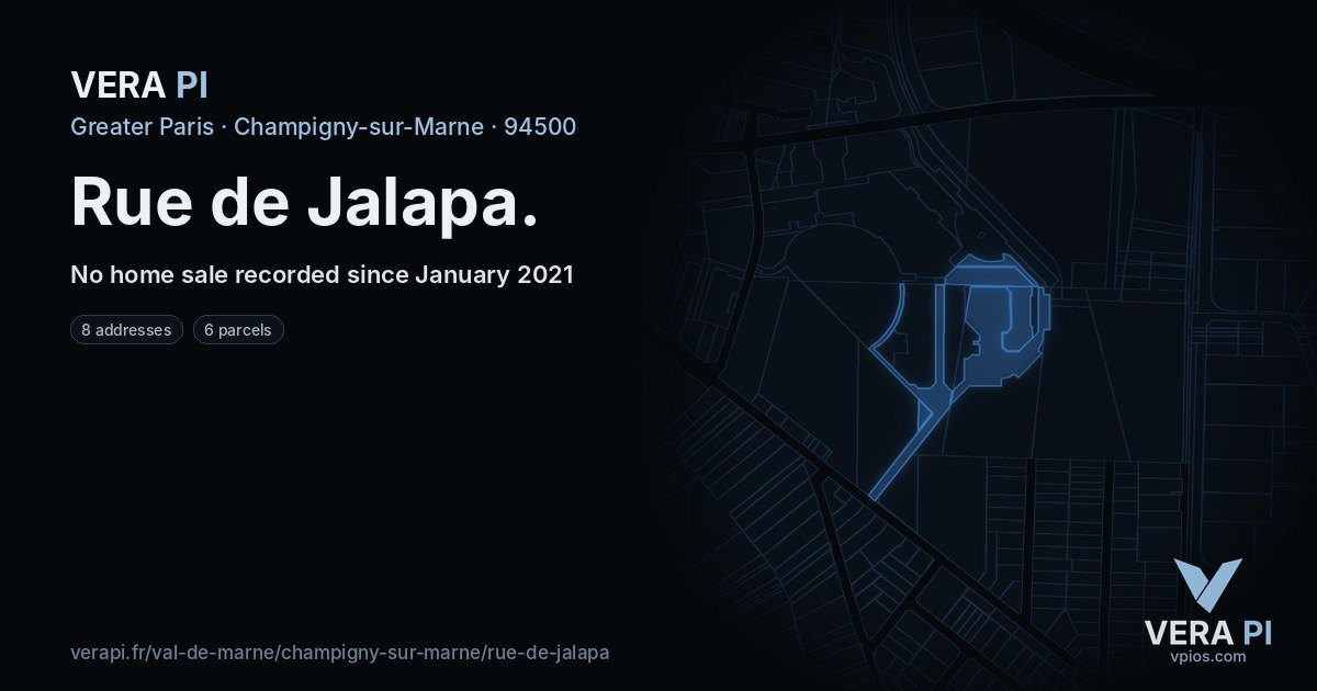 Rue de Jalapa, Champigny-sur-Marne at night – every parcel coloured by the prices around it, the street's own parcels lit