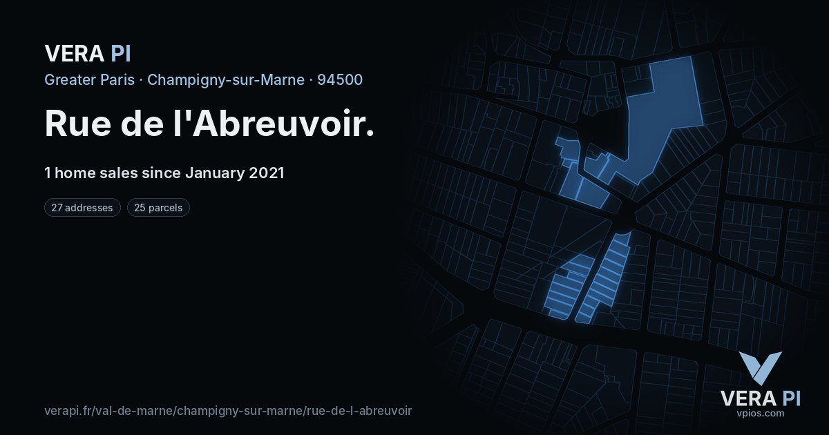 Rue de l'Abreuvoir, Champigny-sur-Marne at night – every parcel coloured by the prices around it, the street's own parcels lit