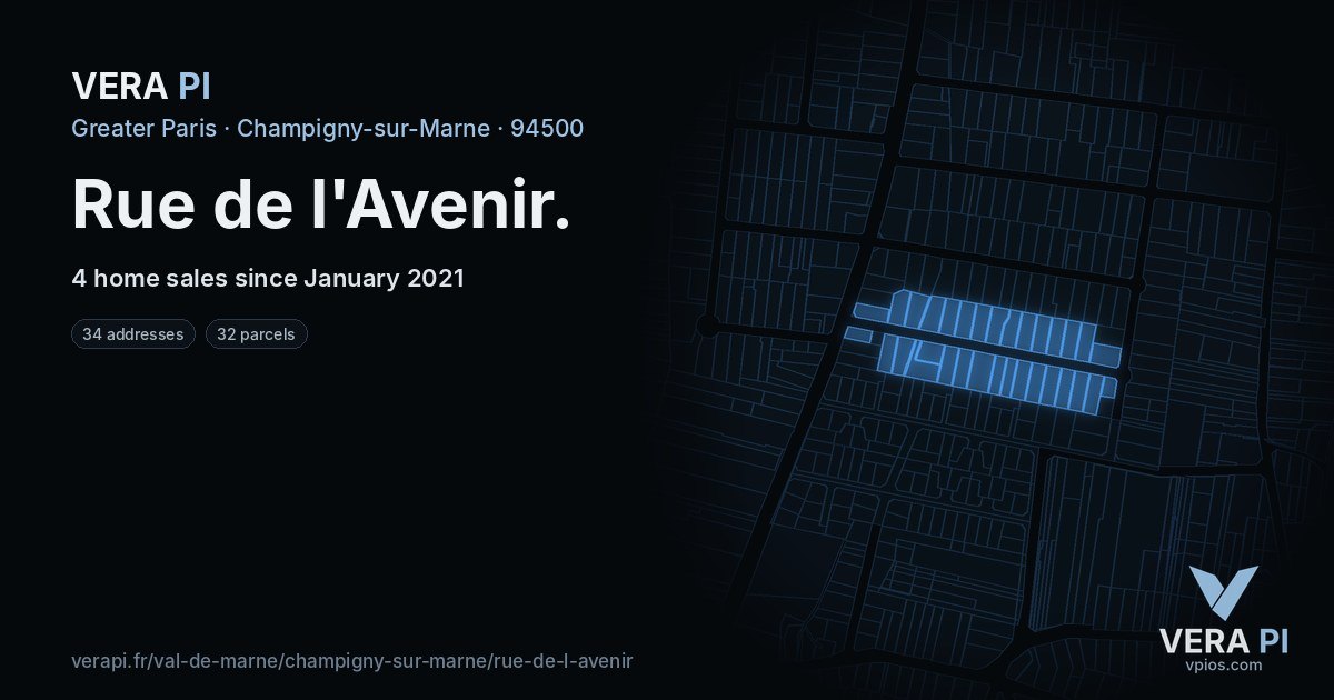 Rue de l'Avenir, Champigny-sur-Marne at night – every parcel coloured by the prices around it, the street's own parcels lit