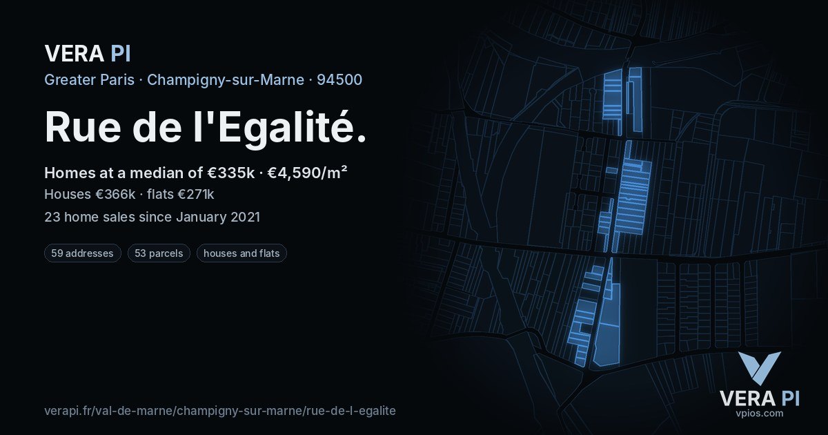 Rue de l'Egalité, Champigny-sur-Marne at night – every parcel coloured by the prices around it, the street's own parcels lit
