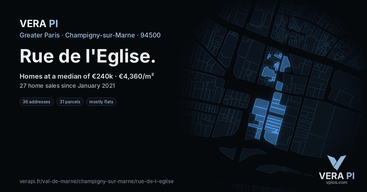 Rue de l'Eglise, Champigny-sur-Marne at night – every parcel coloured by the prices around it, the street's own parcels lit