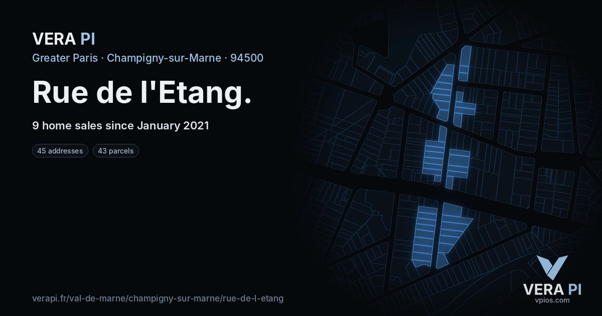 Rue de l'Etang, Champigny-sur-Marne at night – every parcel coloured by the prices around it, the street's own parcels lit
