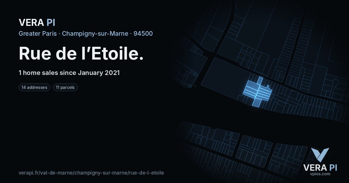 Rue de l’Etoile, Champigny-sur-Marne at night – every parcel coloured by the prices around it, the street's own parcels lit