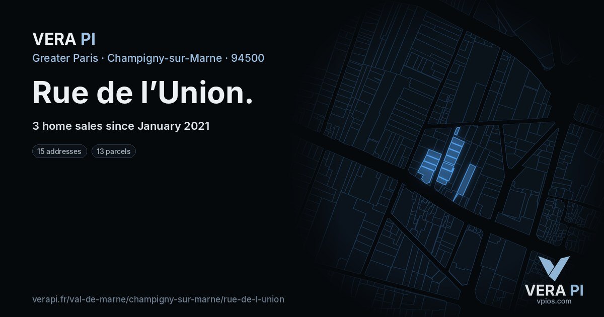 Rue de l’Union, Champigny-sur-Marne at night – every parcel coloured by the prices around it, the street's own parcels lit