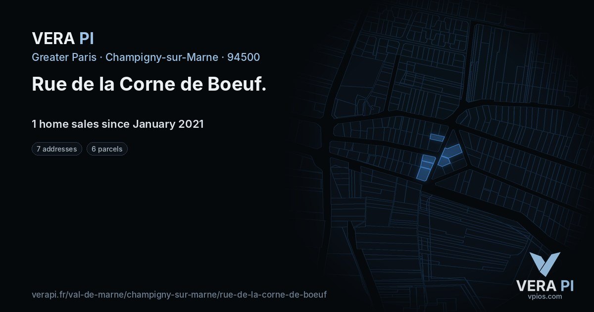 Rue de la Corne de Boeuf, Champigny-sur-Marne at night – every parcel coloured by the prices around it, the street's own parcels lit