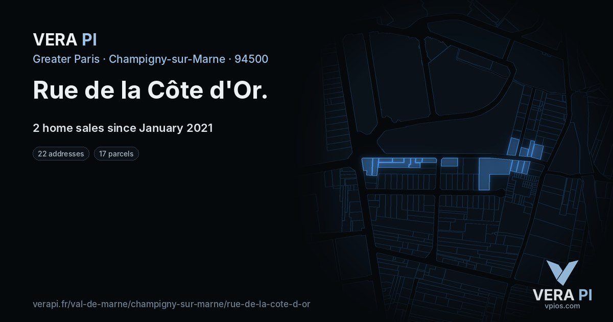 Rue de la Côte d'Or, Champigny-sur-Marne at night – every parcel coloured by the prices around it, the street's own parcels lit