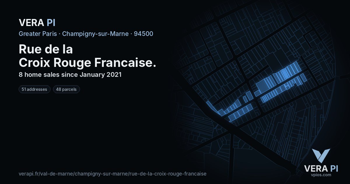 Rue de la Croix Rouge Francaise, Champigny-sur-Marne at night – every parcel coloured by the prices around it, the street's own parcels lit