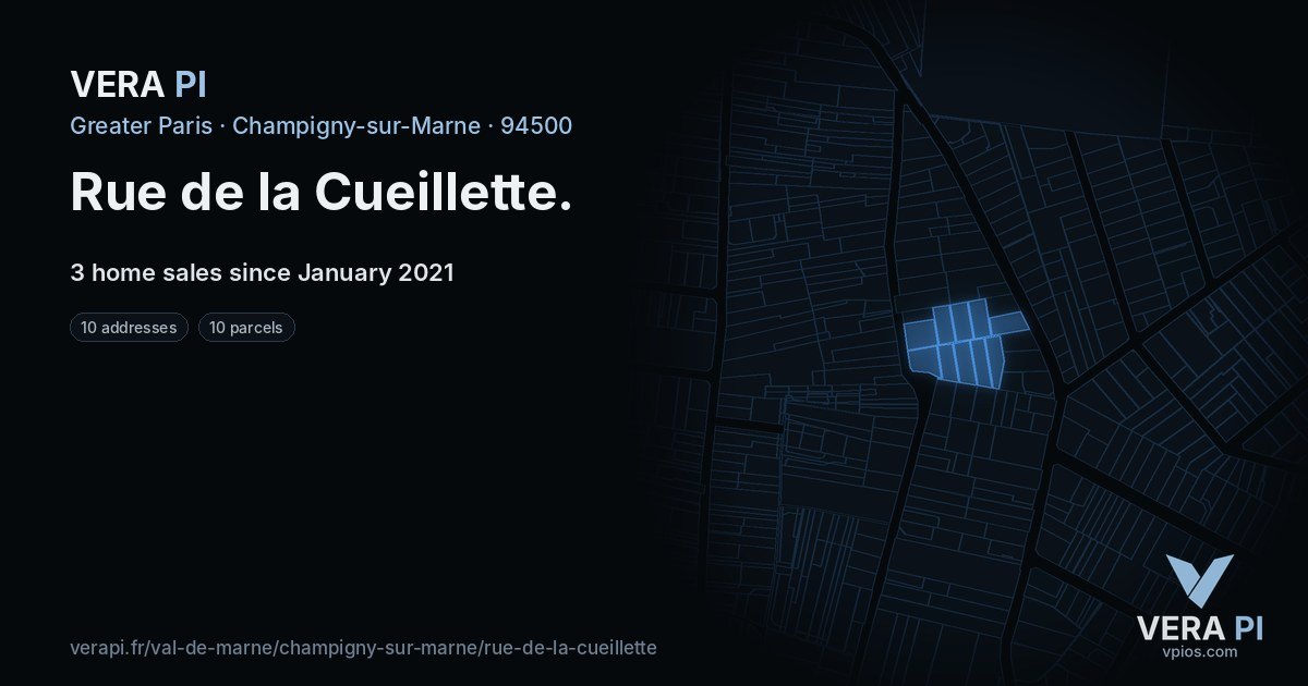 Rue de la Cueillette, Champigny-sur-Marne at night – every parcel coloured by the prices around it, the street's own parcels lit