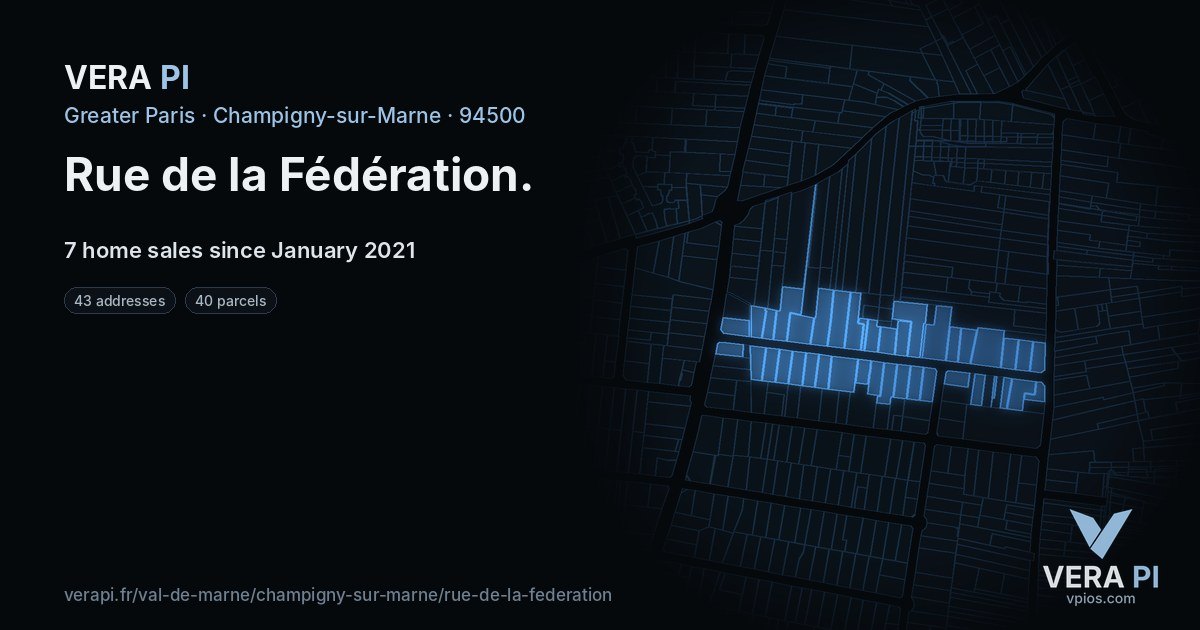Rue de la Fédération, Champigny-sur-Marne at night – every parcel coloured by the prices around it, the street's own parcels lit