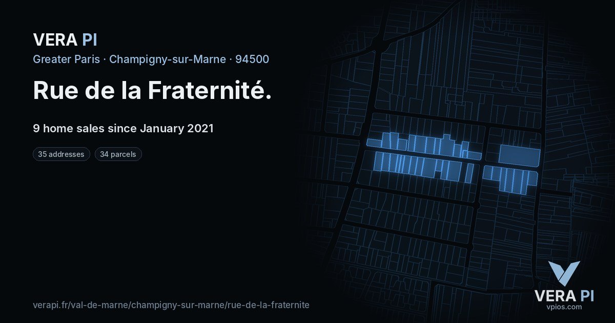 Rue de la Fraternité, Champigny-sur-Marne at night – every parcel coloured by the prices around it, the street's own parcels lit