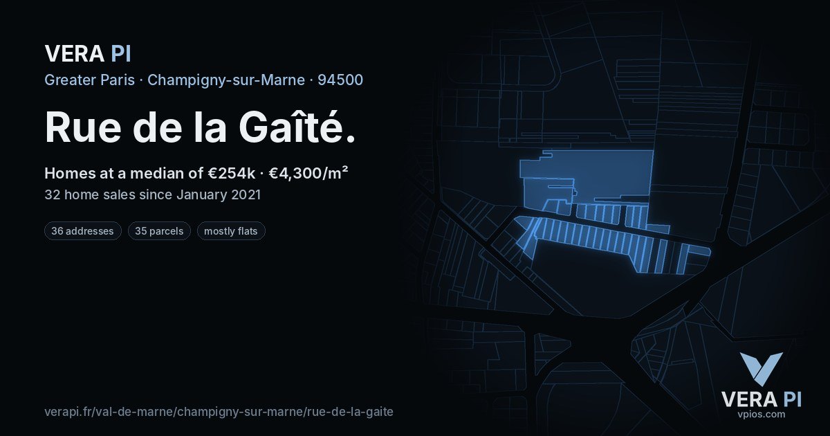 Rue de la Gaîté, Champigny-sur-Marne at night – every parcel coloured by the prices around it, the street's own parcels lit