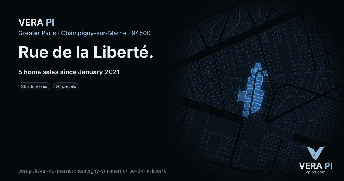 Rue de la Liberté, Champigny-sur-Marne at night – every parcel coloured by the prices around it, the street's own parcels lit