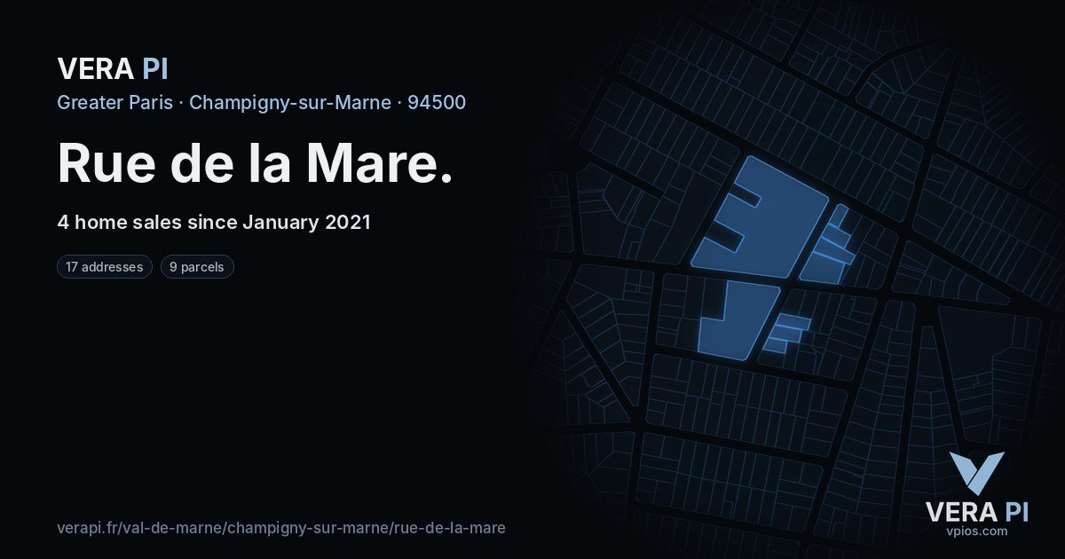 Rue de la Mare, Champigny-sur-Marne at night – every parcel coloured by the prices around it, the street's own parcels lit