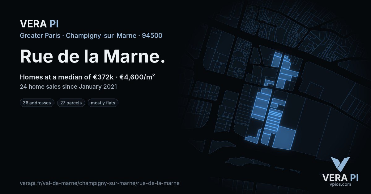 Rue de la Marne, Champigny-sur-Marne at night – every parcel coloured by the prices around it, the street's own parcels lit