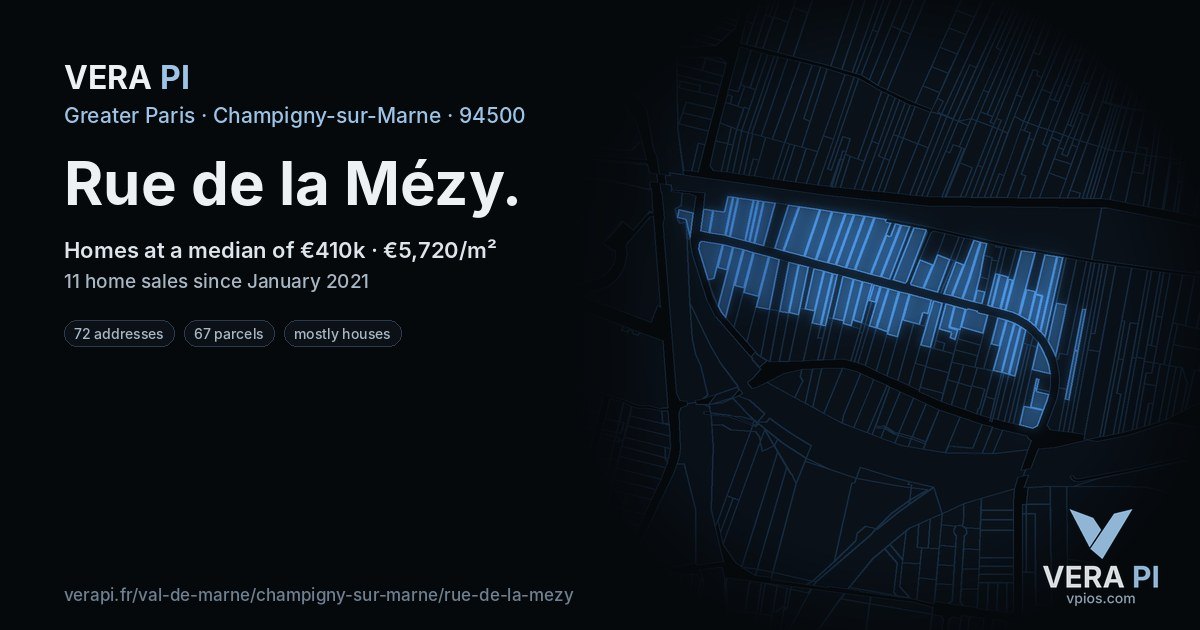 Rue de la Mézy, Champigny-sur-Marne at night – every parcel coloured by the prices around it, the street's own parcels lit