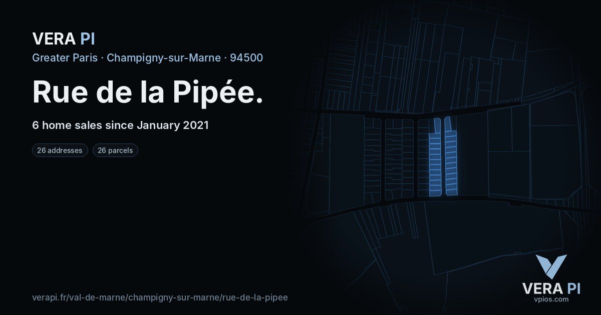 Rue de la Pipée, Champigny-sur-Marne at night – every parcel coloured by the prices around it, the street's own parcels lit
