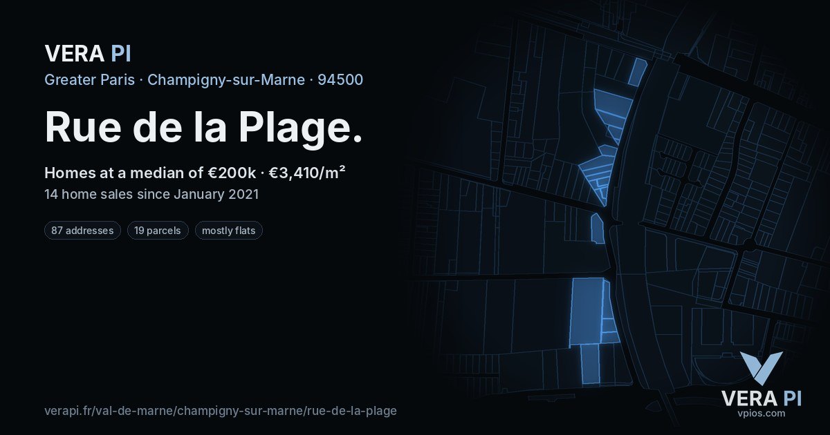 Rue de la Plage, Champigny-sur-Marne at night – every parcel coloured by the prices around it, the street's own parcels lit