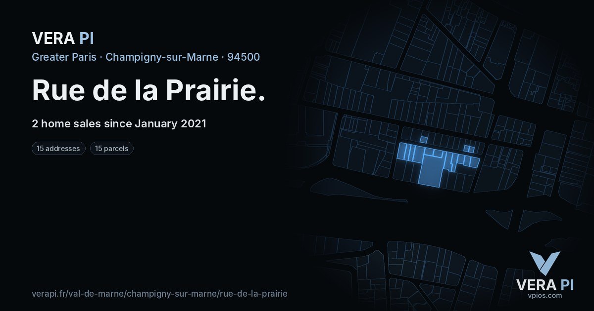 Rue de la Prairie, Champigny-sur-Marne at night – every parcel coloured by the prices around it, the street's own parcels lit
