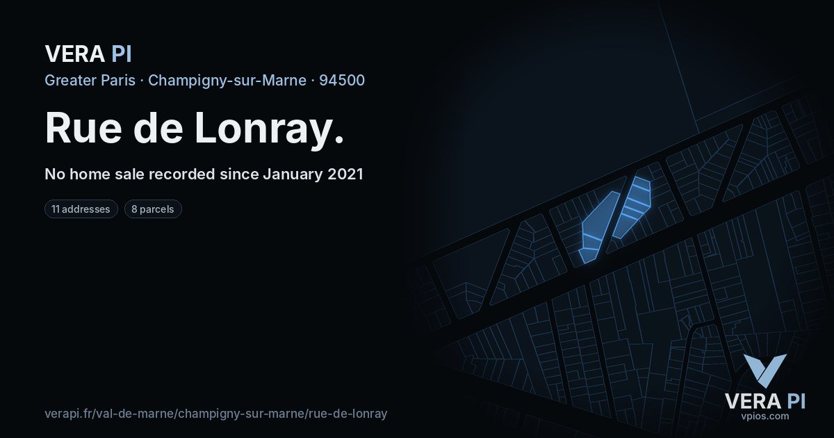 Rue de Lonray, Champigny-sur-Marne at night – every parcel coloured by the prices around it, the street's own parcels lit