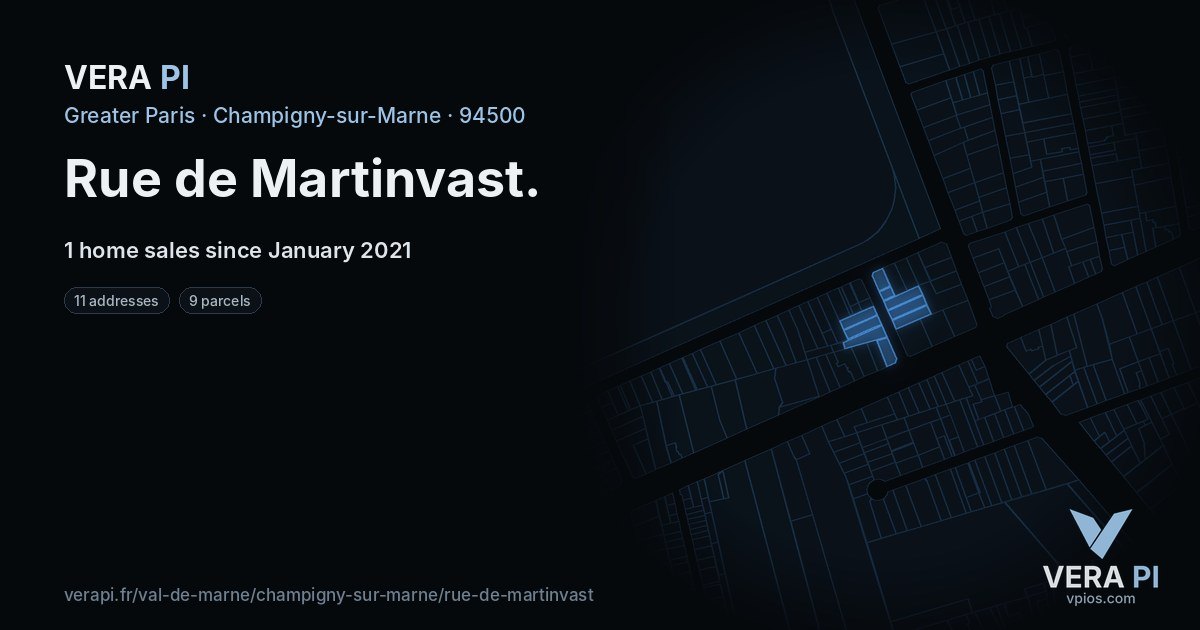 Rue de Martinvast, Champigny-sur-Marne at night – every parcel coloured by the prices around it, the street's own parcels lit