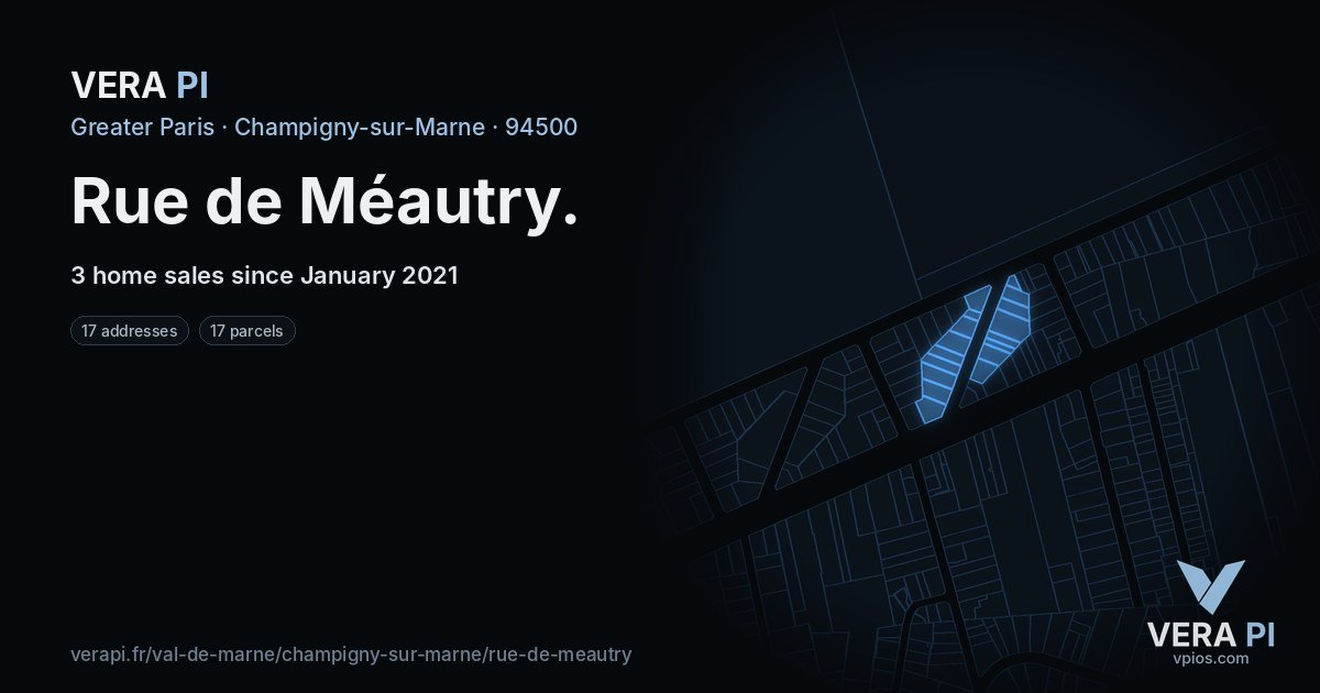 Rue de Méautry, Champigny-sur-Marne at night – every parcel coloured by the prices around it, the street's own parcels lit