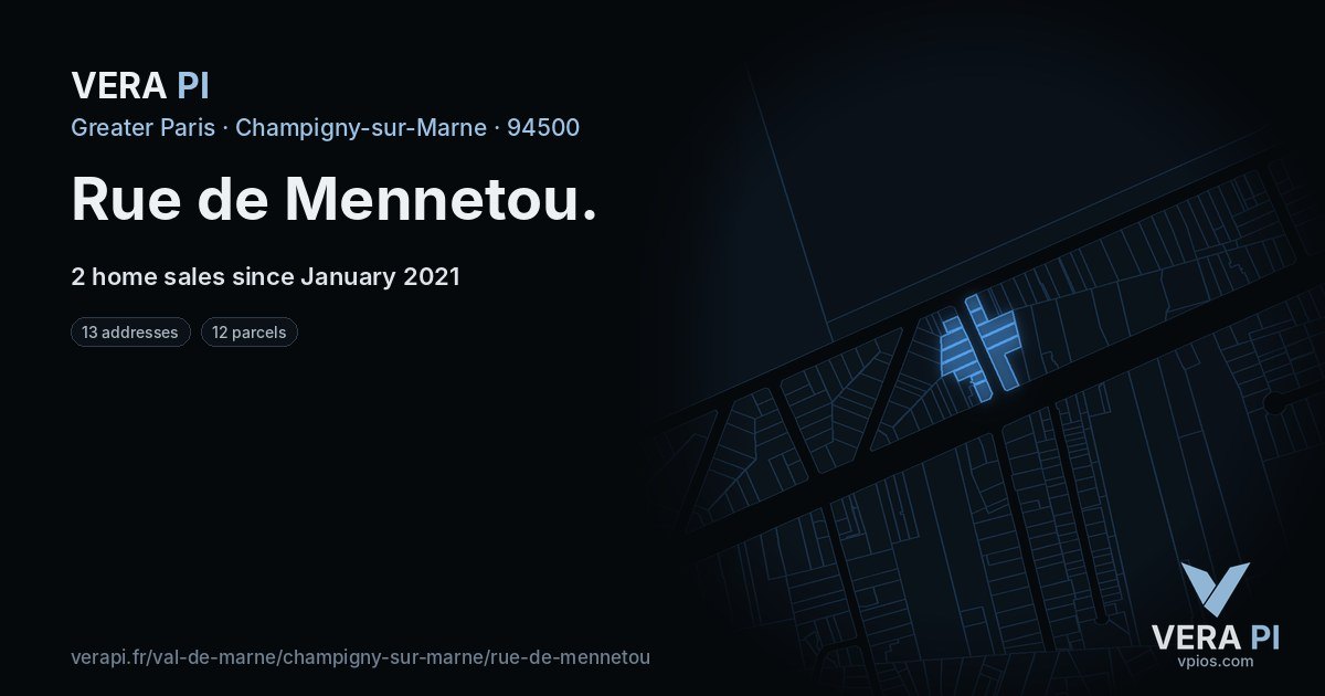 Rue de Mennetou, Champigny-sur-Marne at night – every parcel coloured by the prices around it, the street's own parcels lit