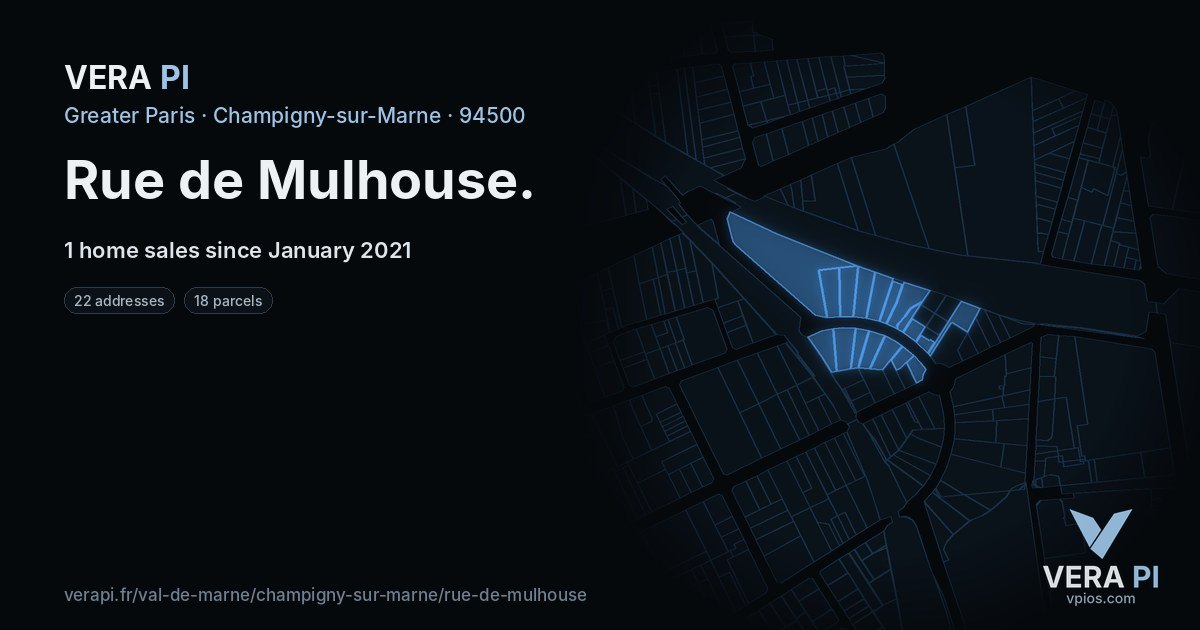 Rue de Mulhouse, Champigny-sur-Marne at night – every parcel coloured by the prices around it, the street's own parcels lit