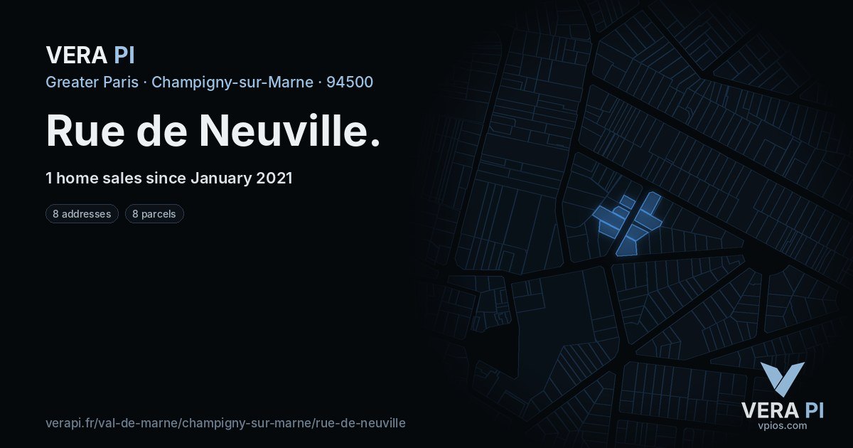 Rue de Neuville, Champigny-sur-Marne at night – every parcel coloured by the prices around it, the street's own parcels lit