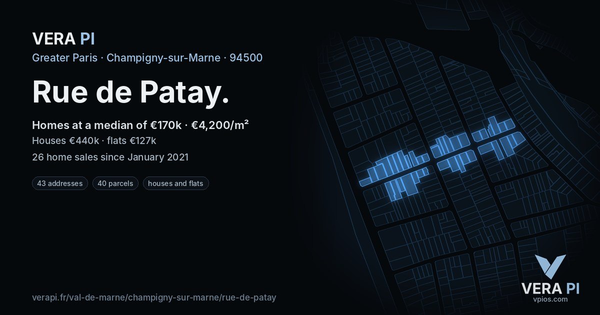 Rue de Patay, Champigny-sur-Marne at night – every parcel coloured by the prices around it, the street's own parcels lit