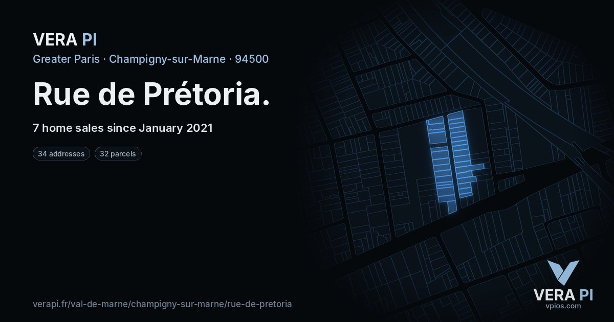 Rue de Prétoria, Champigny-sur-Marne at night – every parcel coloured by the prices around it, the street's own parcels lit