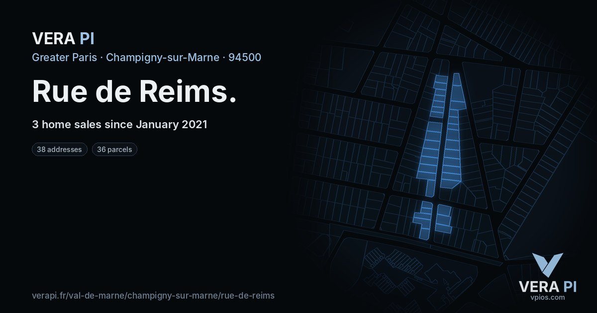 Rue de Reims, Champigny-sur-Marne at night – every parcel coloured by the prices around it, the street's own parcels lit